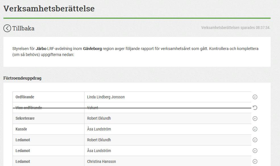 Man kan ta bort uppdrag som inte har varit aktuella genom att klicka på krysset. Det går även att ångra borttag. Klicka på pilen. Man kan även lägga till uppdrag som varit under året.