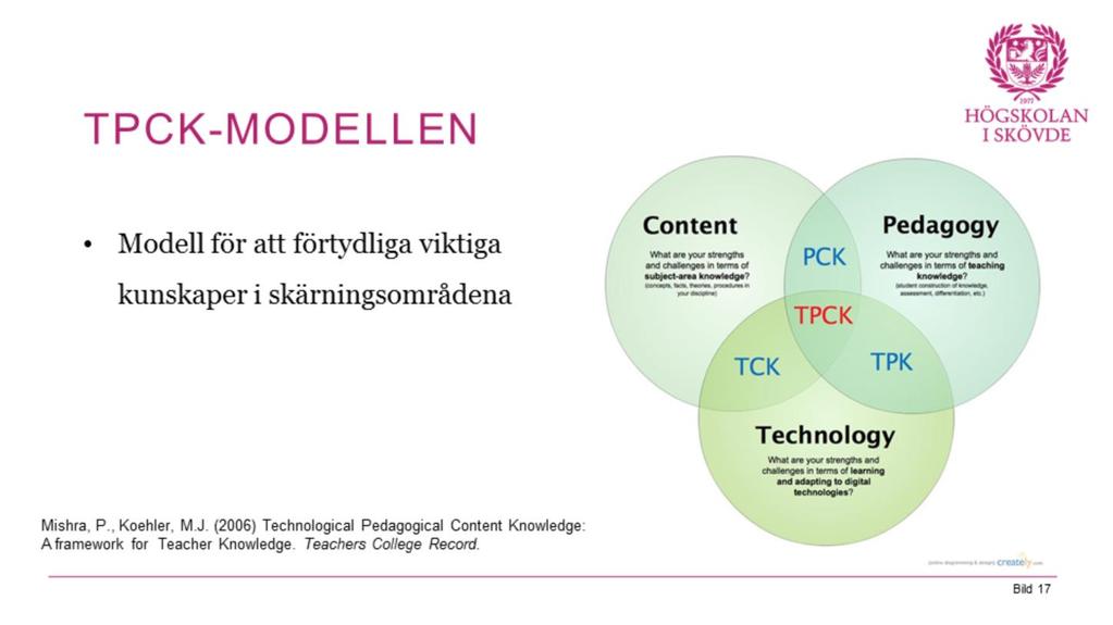 Modell som hjälp Idealet är att lärarens tekniska förmågor och pedagogiska förmågor ska fungerar tillsammans med innehållet.