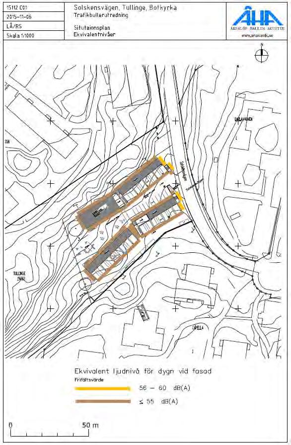 40-38 BOTKYRKA KOMMUN Antagandehandling 22 [25] Samhällsbyggnadsförvaltningen 2016-06-21 Planenheten Ekvivalent ljudnivå vid fasad för planerad bebyggelse.
