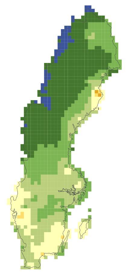 Figur 10-16 Totaldeposition av oxiderat svavel (summan av svaveldioxid och sulfat) exkl. havssalt år 2015 (v) och 2016 (h) (enhet mg S/m 2 ).