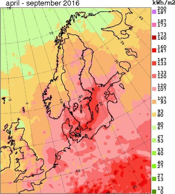 Figur 11-2 Globalstrålning för åren 2016 och 2017 under sommarhalvåret (medel av ackumulerade månadsvärden för april-september). 11.1.1.2 UV-strålning Ultraviolett (UV) strålning utgörs av den kortvågiga ändan av solens spektrum (280-400 nm), och är den strålning som gör oss solbrända eller i värsta fall kan orsaka hudcancer.