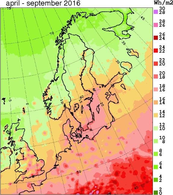 Figur 11-3 CIE-erytemviktad UV-strålning för året 2016 under sommarhalvåret (medel av ackumulerade månadsvärden för april-september).