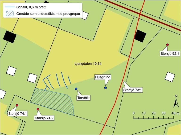 6. Resultat I fält drogs 7 sökschakt med 0,6 m bred skopa och ett område på ca 40x20 m avsöktes med provgropar (se figur 4). Hela utredningsområdet gicks även över med sond.