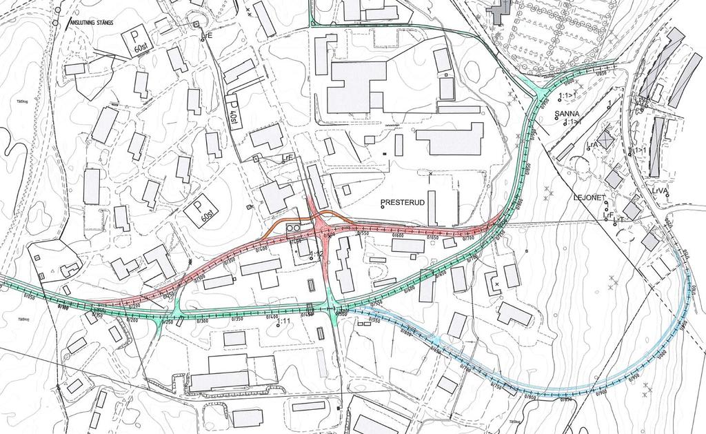 Karta visande 3 möjliga sträckningar av ny genomfart/matargatan mellan Sannagatan och Tranvägen.
