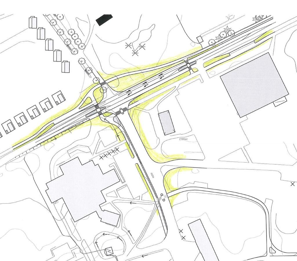 Exempel på möjlig ombyggnad av korsningen Presterudsvägen/Garnisonsvägen Alternativet innebär att anslutningen mot campingen breddas upp så ett möte mellan två fordon kan ske vid anslutningen.