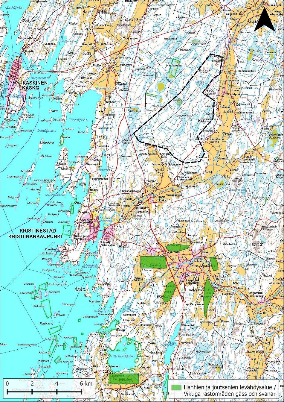 Figur 77: Gässens och svanarnas viktigaste rastområden är belägna söder om projektområdet i Härkmeri och Lappfjärd.