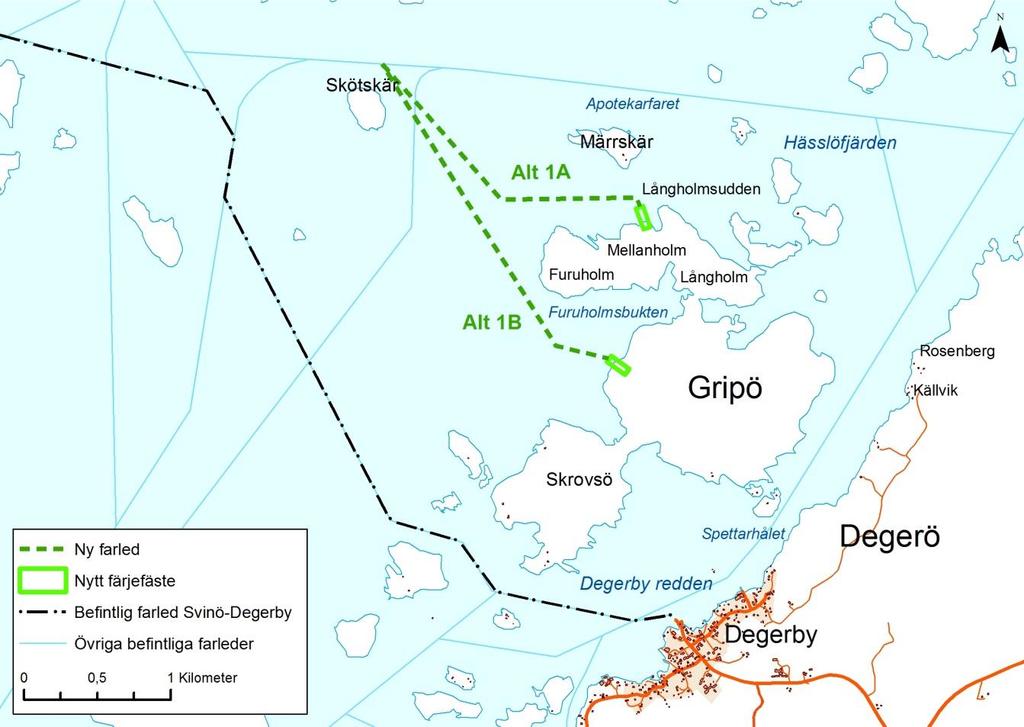 Figur 2.4. Föreslagna alternativa sträckningar av nya farleder från de två olika färjfästena. Farled som trafikeras av dagens färja mellan Svinö och Degerby visas också.