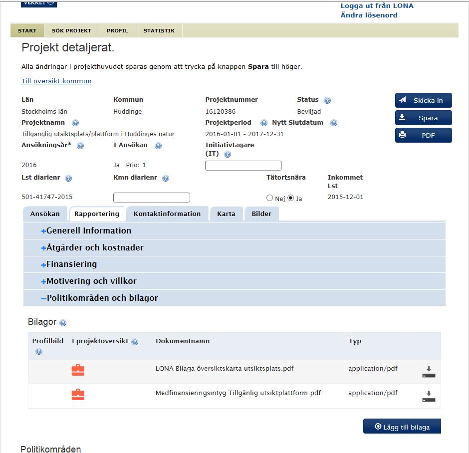 Bilagor Genom att klicka på den röda portföljen väljer man vilken bilaga som ska synas i rapportfliken som finns under projektöversikten (bild 23).