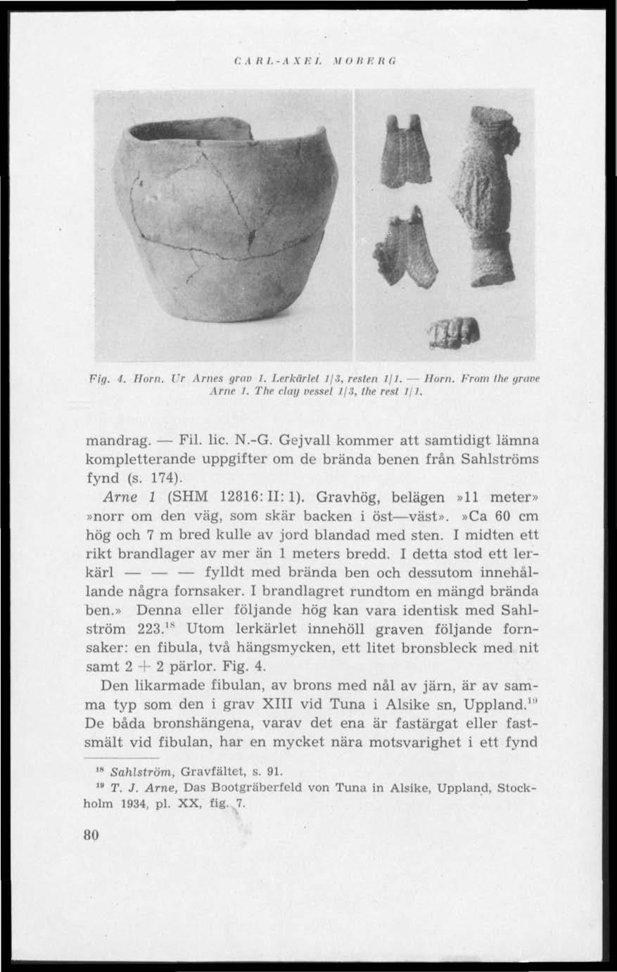 C.1 II l.-a X Ii I. 1/ t) li Ii II li :ijp Fig. 4. Horn. Vr Arnes grov I. Lerkärlet Ij3, resten Ifl. Horn. From lhe gnive Arne I. The clay vessel tfs, lhe rest I I. mandrag. Fil. lic. N.-G.