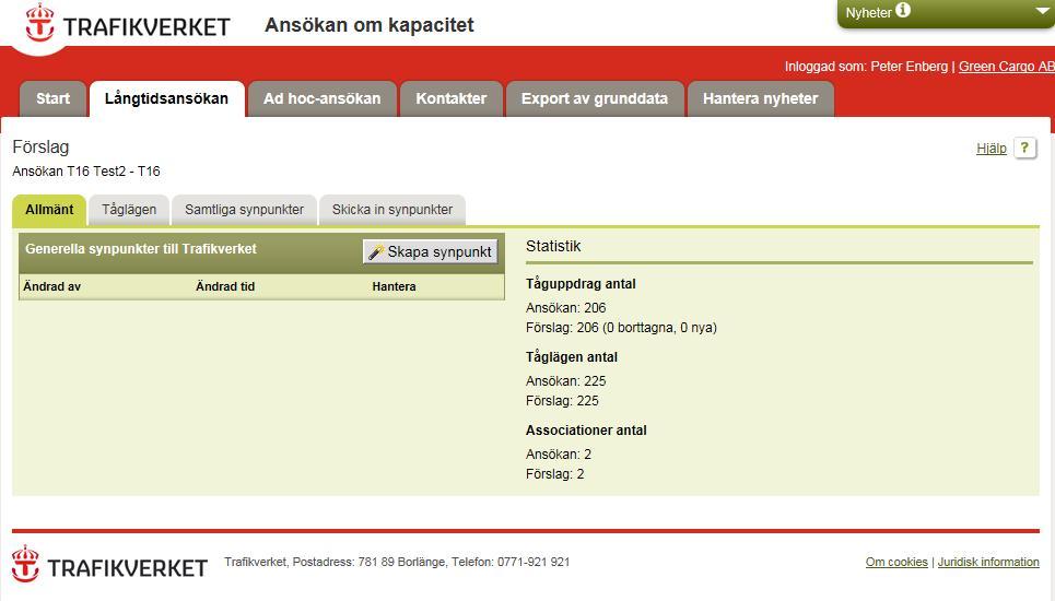 15. Hantera Synpunkter Då Trafikverket vid avsedd tidpunkt publicerat förslag till tågplan öppnas möjlighetetn till att lämna synpunkter på detsamma.