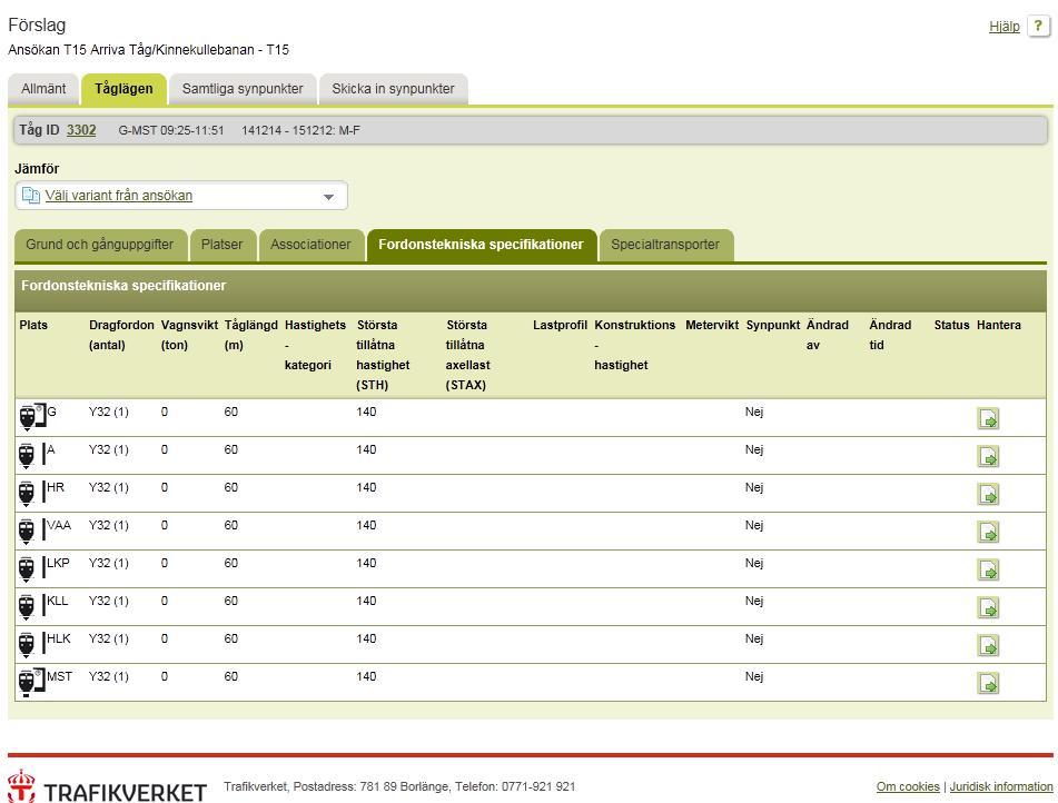 Synpunkter på Fordonstekniska specifikationer (från fliken Tåglägen) Här kan du jämföra uppgifter för fordonsspecifika uppgifter och lämna synpunkter på dessa. En synpunkt per plats kan registreras.