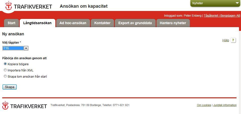 5. Skapa ny ansökan Klicka på knappen Skapa ansökan för att skapa en ny ansökan och följande sida visas 1 2 3 Här kan du skapa Ansökan genom att: 1. Först välja tågplan 2.