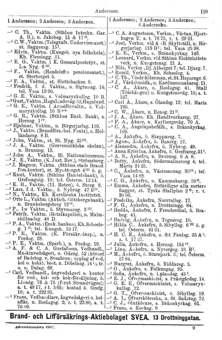 1 Andersson; 2 Anderson; 3 Anderzon. Andersson. 129 1 Andersson; 2 Anderson; :> Anderzon; 4 Andersolm. _, C. Th., Vaktm. (Sthlms Inteckn. Gar. _, C. A. Augustsson, Verkm., Värtan, Hjort- A. B.), n.