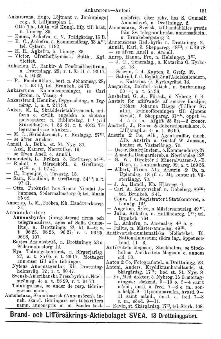 Ankarcrona-Antoni. 131 Ankarcrona, Hugo, Löjtnant v. Jönköpings nadsfritt efter rekv. hos S. Gumseiii reg.. ö. Lilljansplan 1. Annonsbyrå, n. Drottningg. 2. - Otto Th., Löjtn. vid Kungl.lifg.