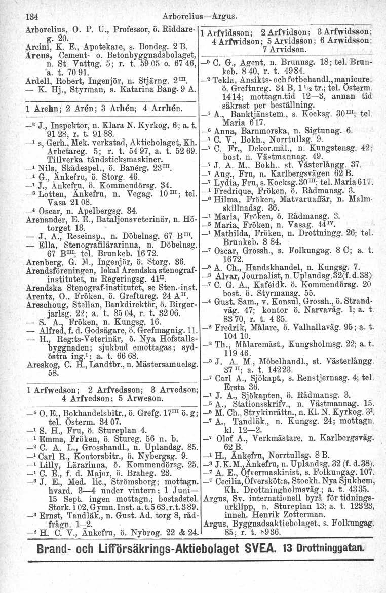 134 Arborelius-e-Årgus. Arborelius, O. P. U., Professor, ö. Riddare- 1 Arfvidsson; 2 Arf'vidson : 3 Arfwidsson; g. 20. 4 Arfwidson; 5 Ax:vidsson; 6 Arwidsson; Areini, K. E., Apotekare, s. Bondeg. 2 B.