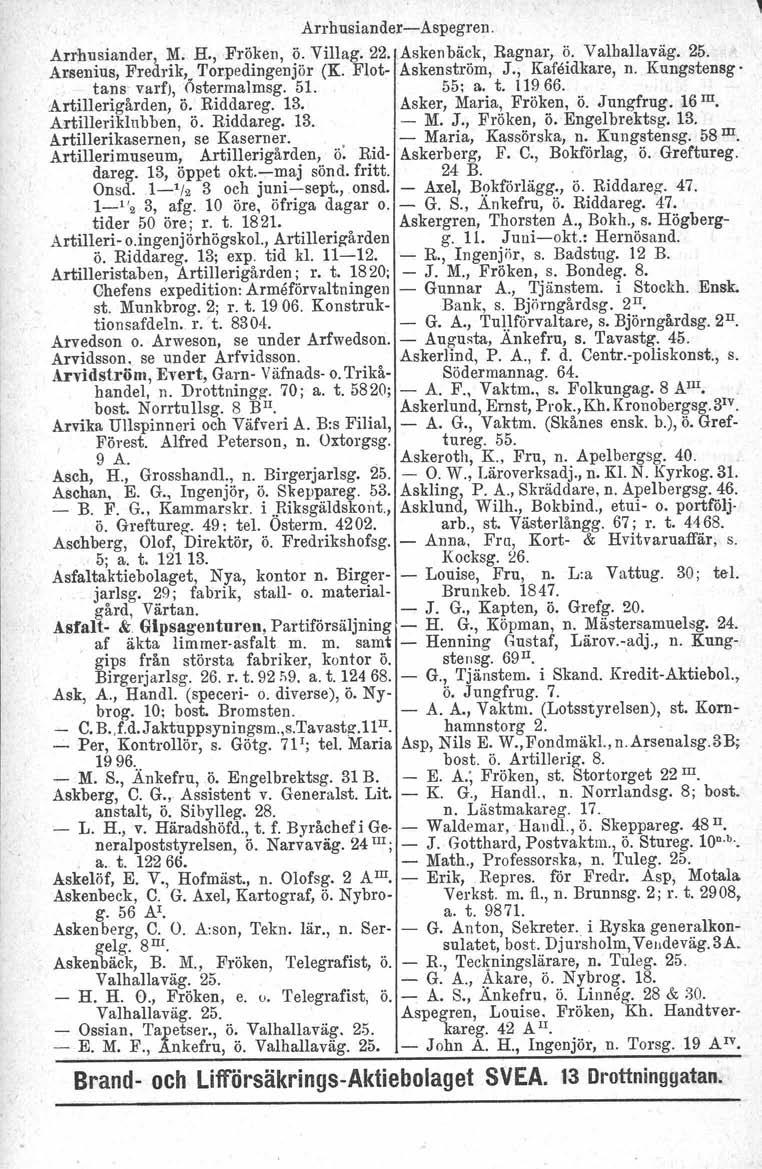 Arrhusiander- Aspegren. Arrhusiander, M. H., Fröken, ö. Villag. 22. Askenbäck, Ragnar, ö. Valhallaväg. 25. Arsenius, Fredrik, Torpedingenjör (K. Flot- Askenström, J., Kafeidkare, n.