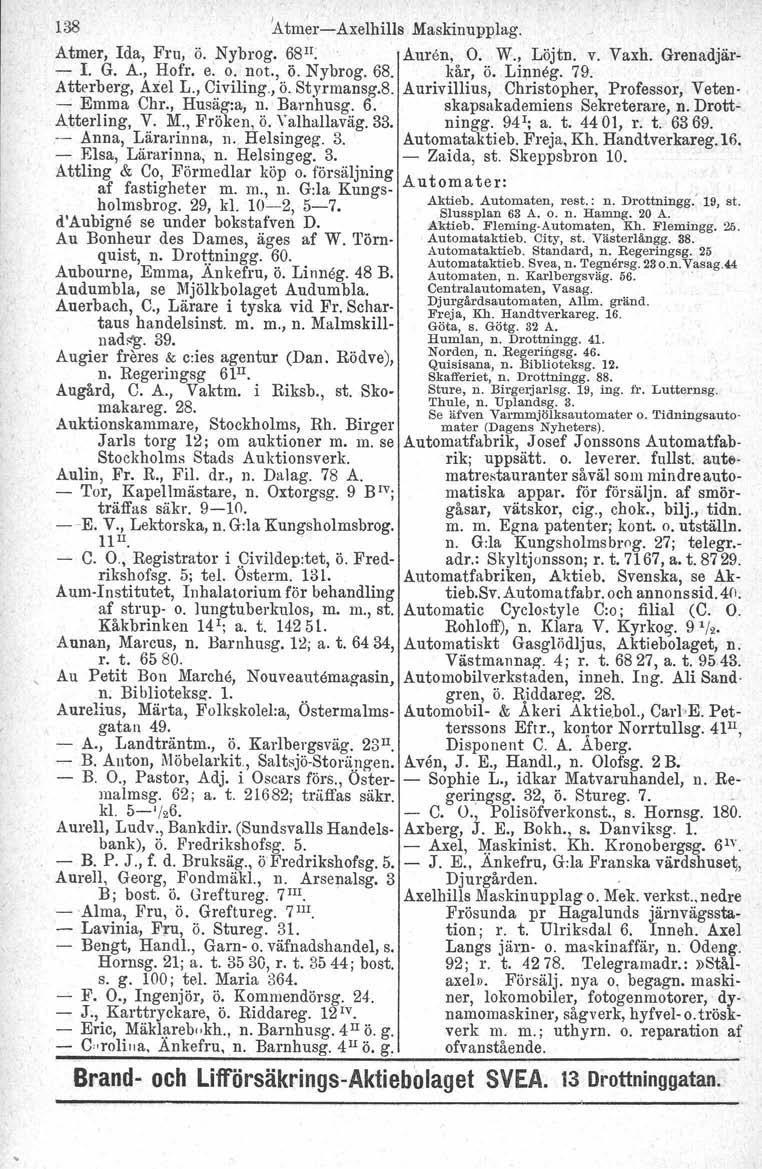 138 'Atmer-Axelhills Maskinupplag. Atmer, Ida, Fru, Ö. Nybrog. 68Il: Auren, O. W., Löjtn. v. Vaxh. Grenadjär- - I. G. A., Hofr, e. o. not., ö. Nybrog. 68. kår, ö. Linneg. 79.. Atterberg, Axel L.