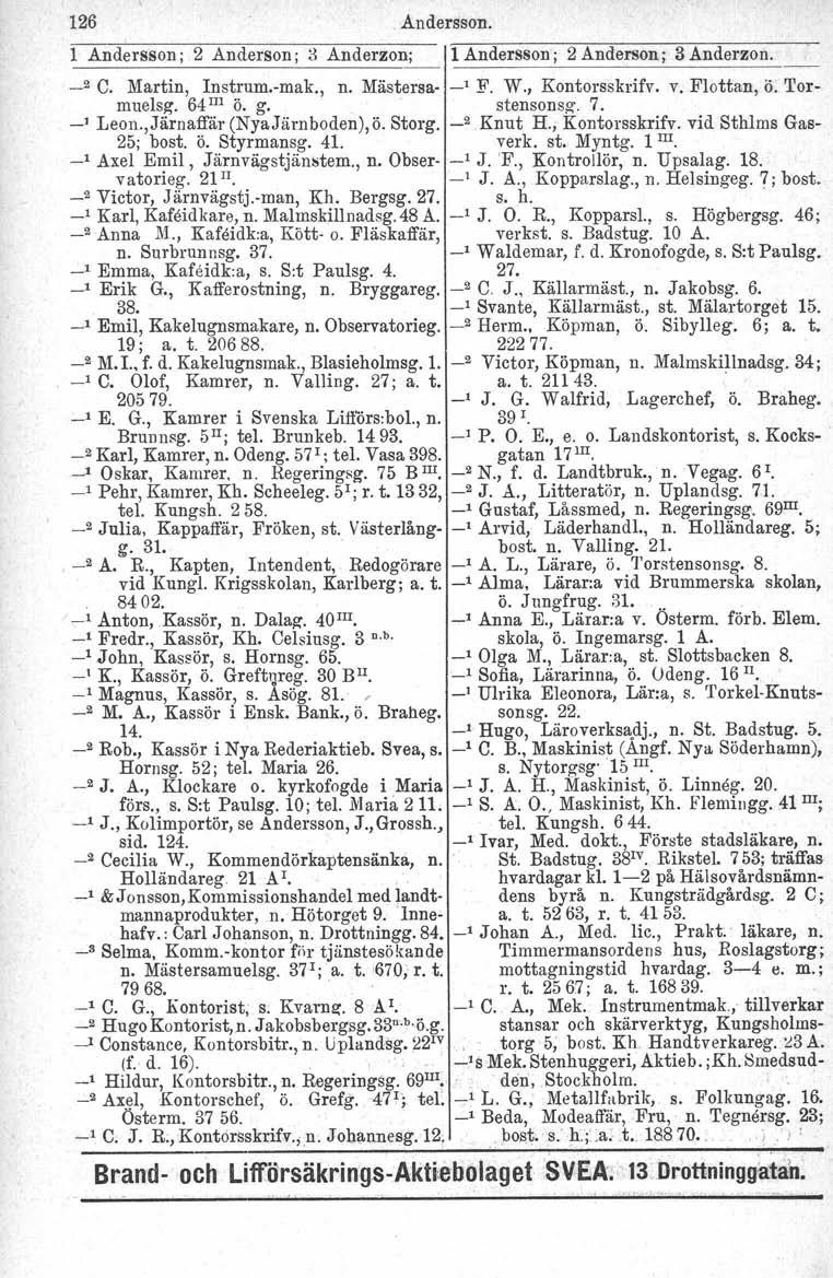 126 Andersson. 1 Andersson; 2 Anderson; 8 Anderzonj 1 Andersson j 2 Anderson; 3 Anderzon. _2 C. Martin, Instrum.-mak., n. Mästersa- -' F. W., Kontorsskrifv. v. Flottan, ö. Tormuelsg, 64 IIl ö. g.