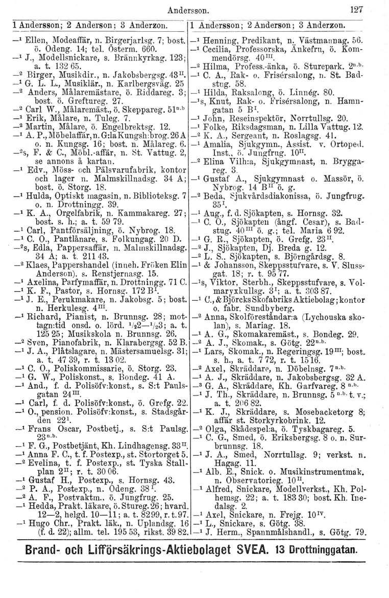 Andersson. 127 1 Andersson;2 Anderson; 3 AllderZoIl~~ TAndei:ssoii';2Andersoil; I 3 Anderzon. _1 Ellen, Modeaffär, n. Birgerjarlsg, 7; bost, _1 Henning, Predikant, n., Västmannag. 56. ö. Odeng.