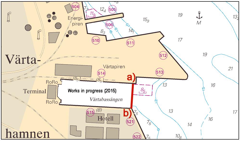 2015-11-05 10 Nr 571 Värtabassängen är avstängd till följd av utfyllnad av inre delen samt anläggande av nya färjelägen, nr 514 och 515.