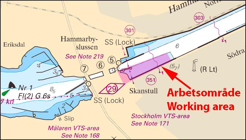Periodvis kan pågående arbeten medföra störningar/väntetider för passerande sjöfart. För mer information om framkomlighet kontakta Erik Brinck, 070-22 09 869. I arbetsområdet finns två specialprickar.