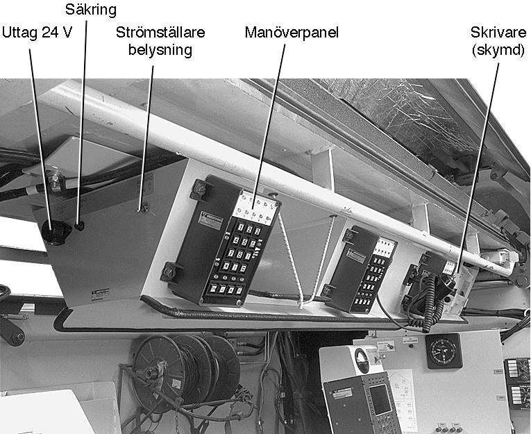 Taklåda Taklådan är fastsatt i taket i bakvagnen. Operatörernas manöverpaneler sitter på taklådan. Siffrorna bredvid manöverpanelerna är operatörernas platsnummer. Bild 15.