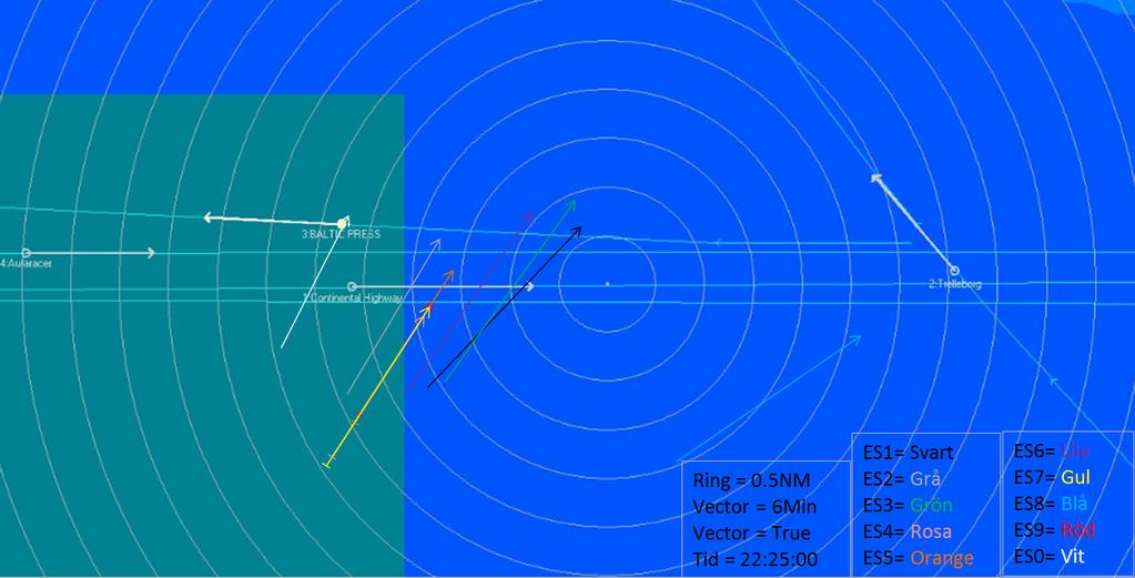 ES0 KL 22:21 Avstånd till Continental Highway 1.9 M, CPA 1.2 M, Kurs 006 och fart 20.6 ES0 girar KL 22:20 till 026 ES0 KL 22:24 Avstånd till Continental Highway 1.1 M, CPA 1.1 M, Kurs 025 och fart 16.