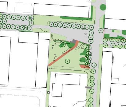 Utmed murarna står uppstammad avenbok som skärm mot stråken. Under träden står rhododendronbuskar. Det är gott om sittplatser i parken.