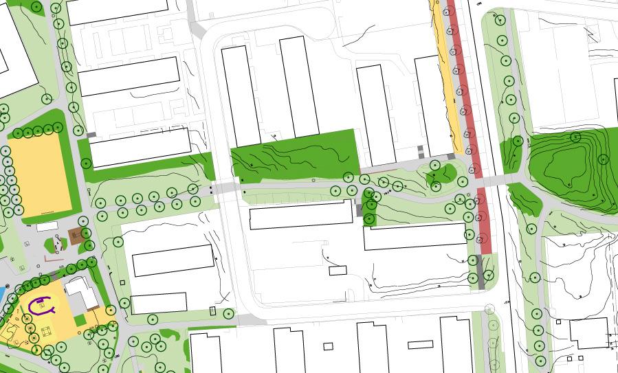3. ELISBORGSGÅGE STORLEK: Ca 0,5 Ha KARAKTÄR: Parkstråk SOCIALA VÄRDE: Promenader Bevara nuvarande karaktär och värden. Stråket slingrar sig och kantas av berg.