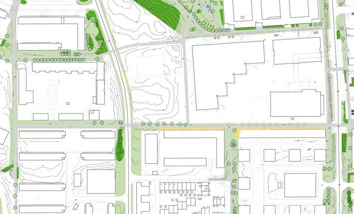 Stråket passerar förbi både Hyllingeskolan och Tensta gymnasium och är välanvänt. På sträckan vid Tensta gymnasium ligger stråket högt i förhållande till hus på södersidan.