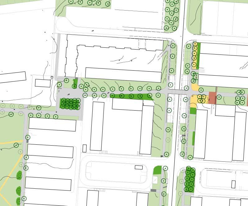 Från bron utgörs stråket av en asfalterad backe med dubbel lindrad. Klippta gräsytor kantar stråket och mot fasaderna på södra sidan står friväxande buskage av häckoxbär.