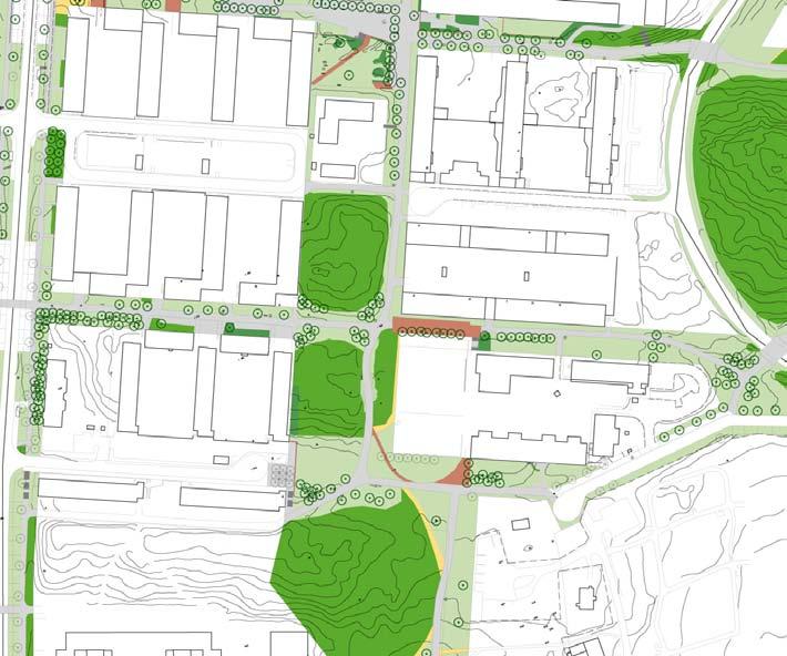 I delen mellan gångbron över Tenstastråket och Kämpingeskogen finns stora rubbelmurar av granit med planteringar. Växtmaterialet utgörs av rhododendron, lindar och kaukasisk vingnöt.