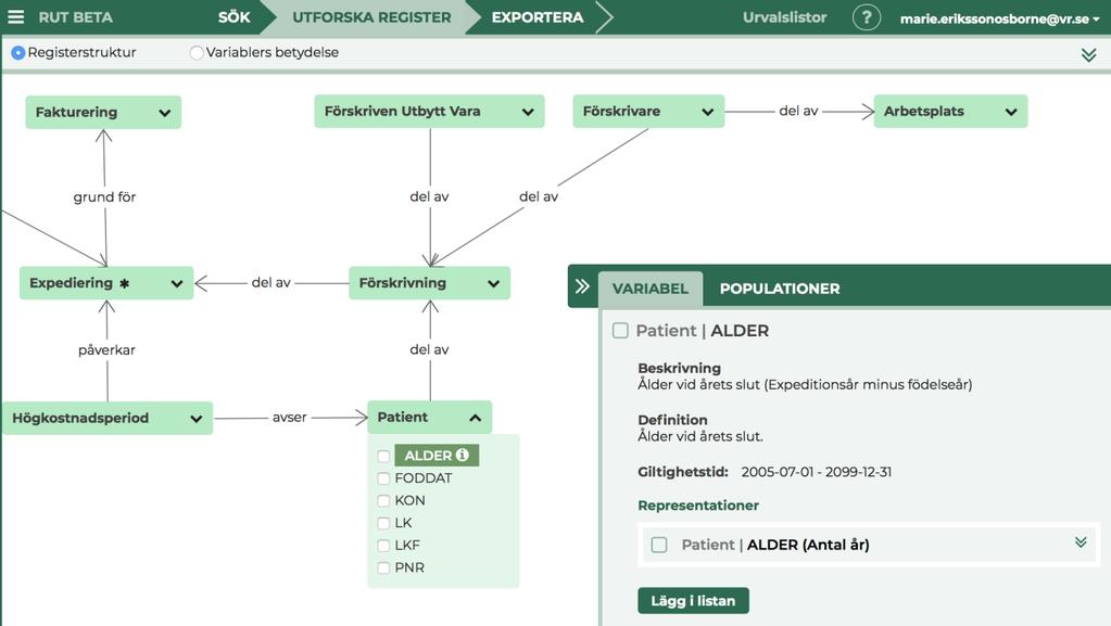 Beskrivning av variabel Om du klickar på ett variabelnamn, visas mer information om variabeln i en utfällbar informationspanel till höger i fönstret.