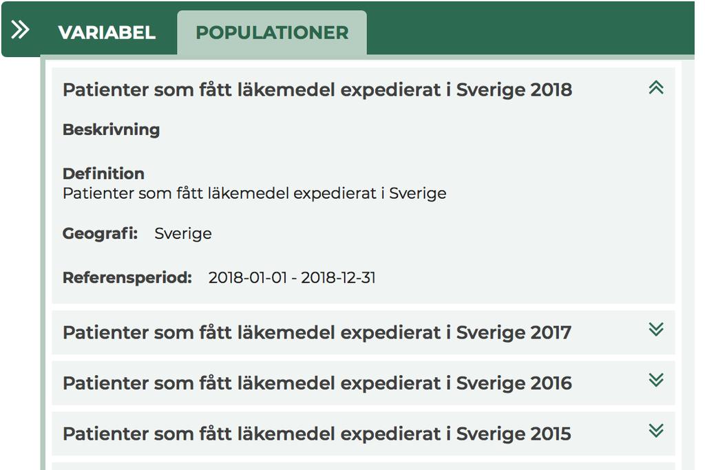 Den andra fliken på informationspanelen för en variabel, POPULATIONER, visar i vilka populationer den