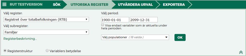 Välj visning av register I UTFORSKA REGISTER kan du välja att byta register, om du är intresserad av att se ett annat än det visade registret.