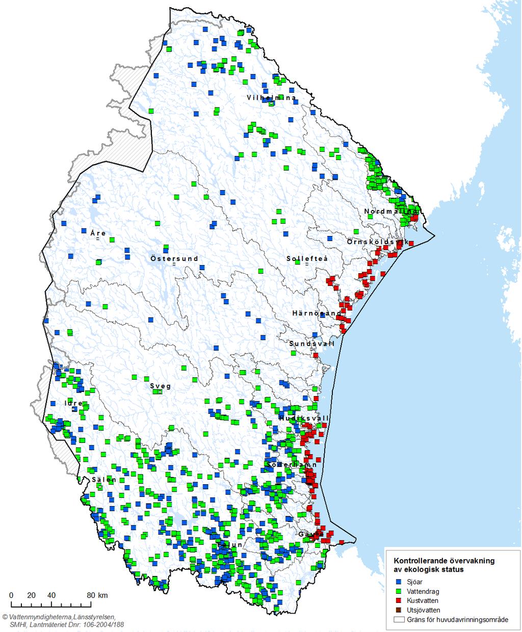 Karta 3.4. Kontrollerande övervakning av ekologisk status i Bottenhavets vattendistrikt, per ytvattenkategori.