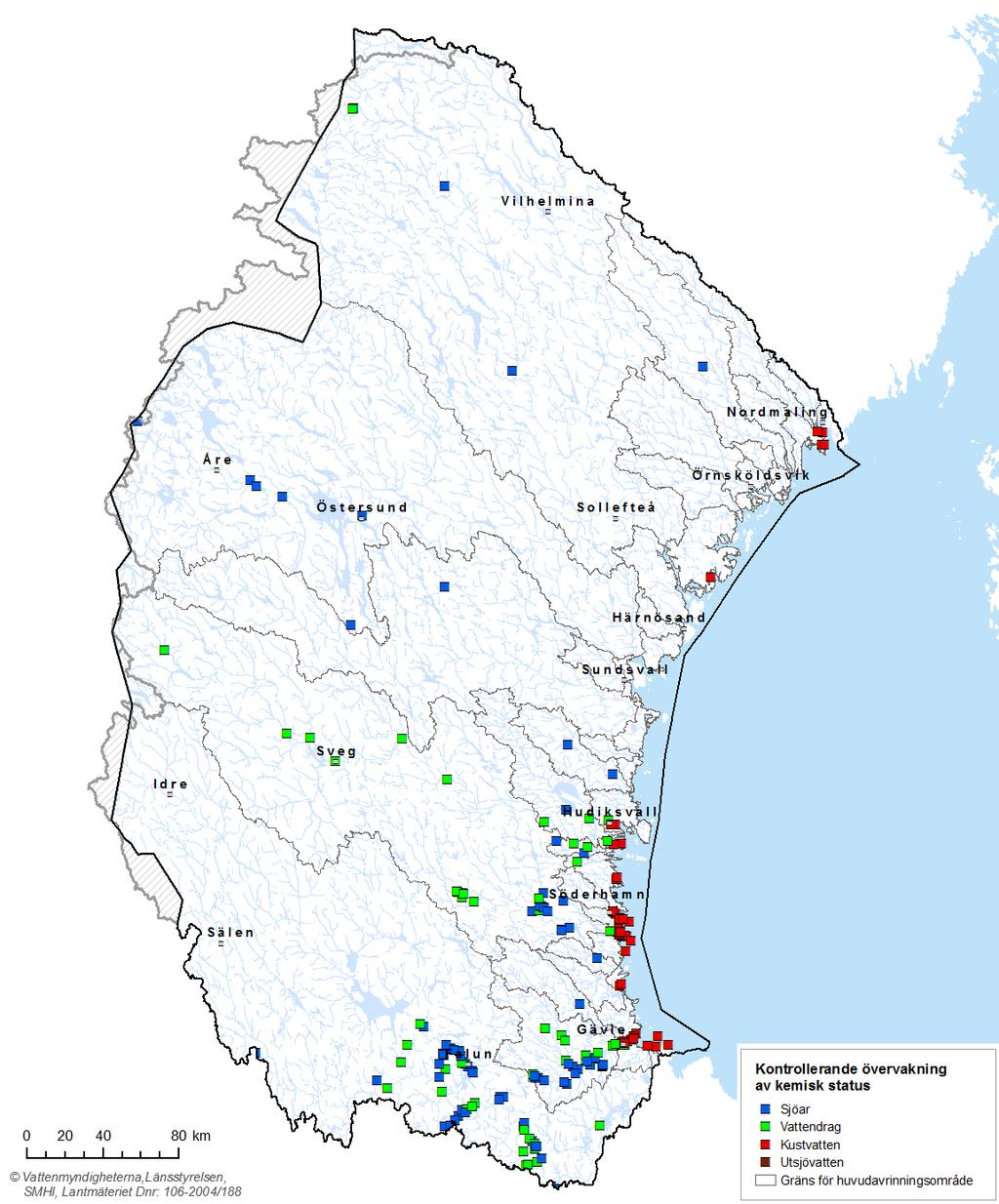 Karta 3.5. Kontrollerande övervakning av kemisk status (prioriterade ämnen) i Bottenhavets vattendistrikt, per vattenkategori.