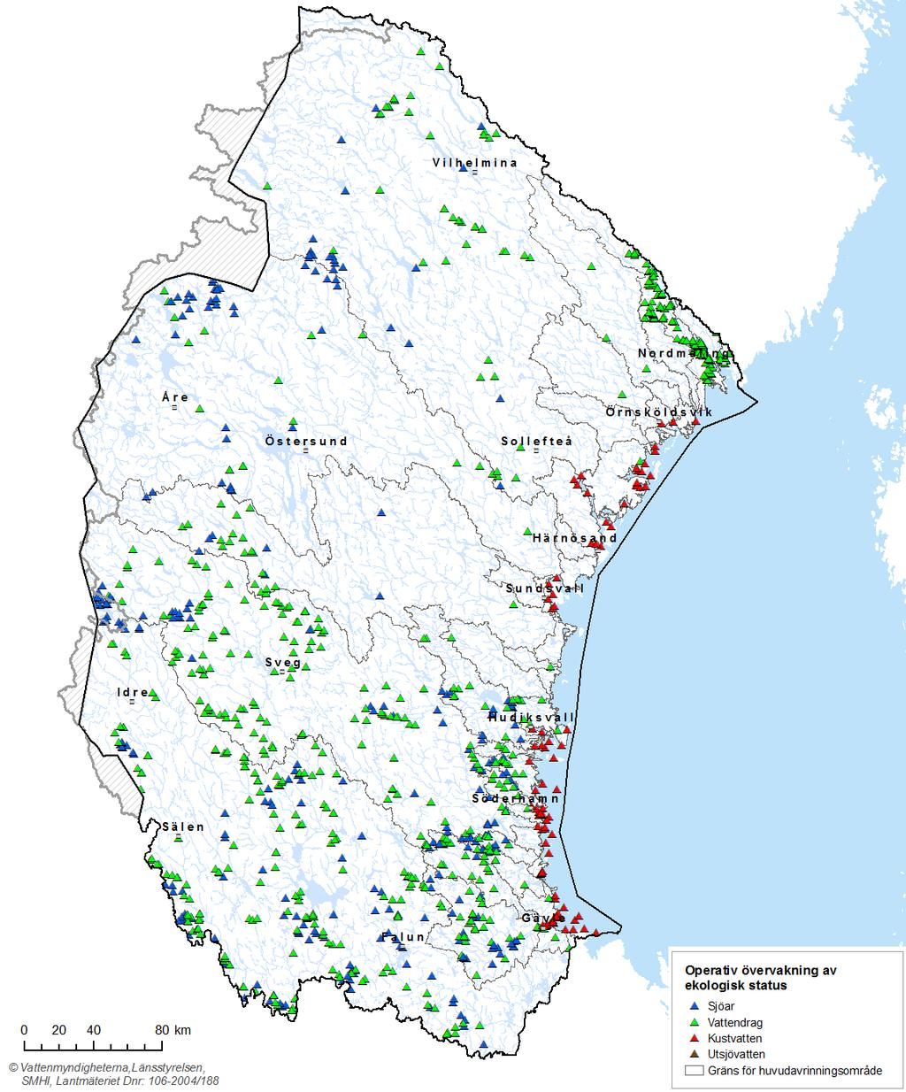 Karta 3.6 Operativ övervakning av ekologisk status i Bottenhavets vattendistrikt, per vattenkategori.