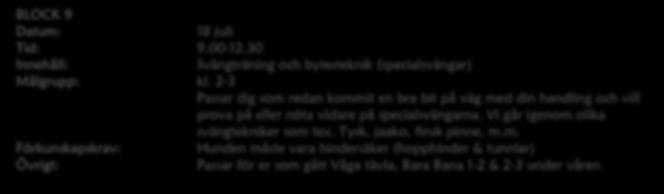BLOCK 9 18 juli Svängträning och bytesteknik (specialsvängar) kl. 2-3 Passar dig som redan kommit en bra bit på väg med din handling och vill prova på eller nöta vidare på specialsvängarna.