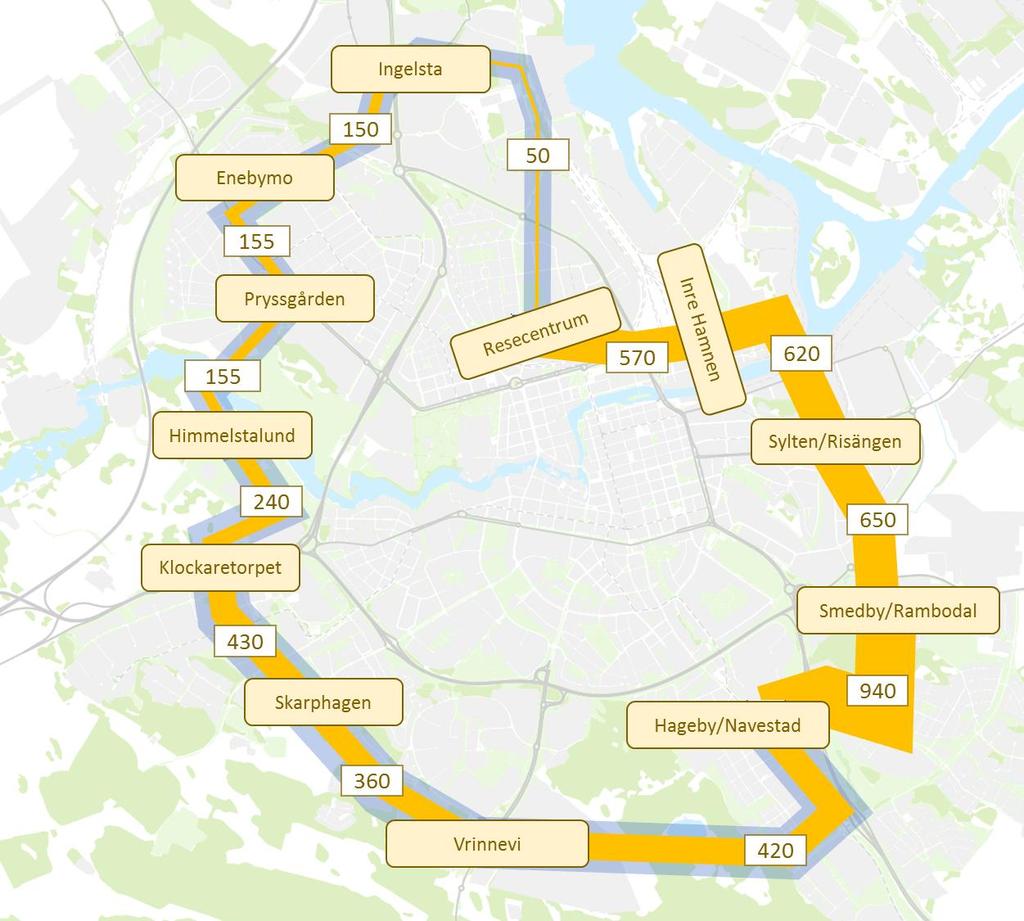 17 (30) Figur 6 Exempel restider till Vrinnevisjukhuset med ringlinje jämfört med alternativ resväg enligt linjenätsanalys för 2035.