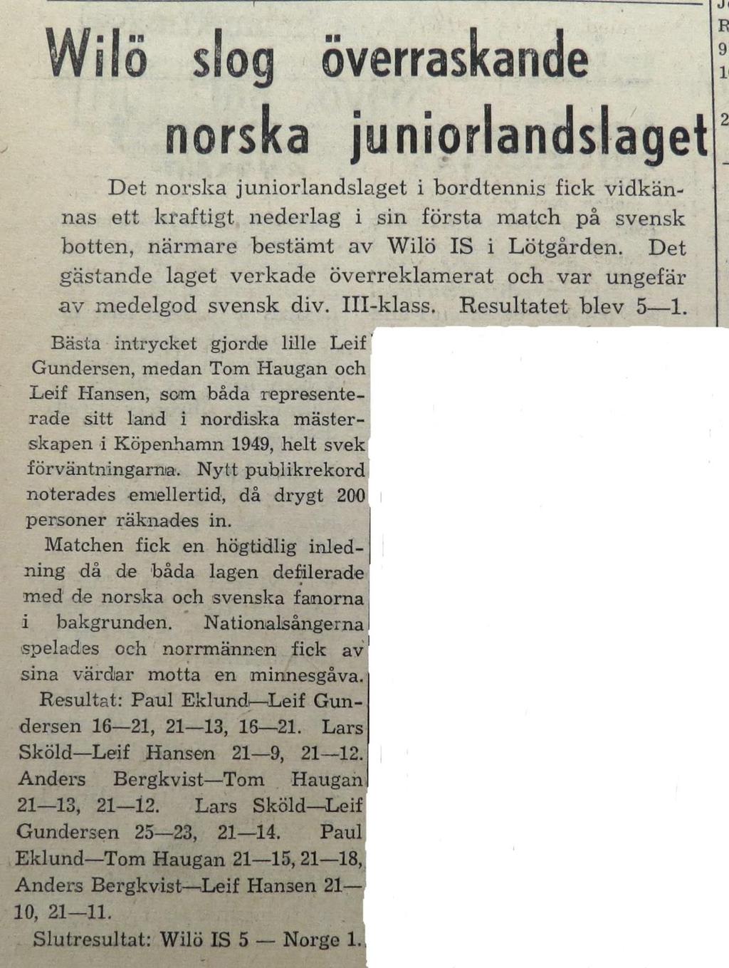 Och så här gick det: (EP tisdagen den 13 februari 1951) Klubbmästerskapet 1951 Anders Bergkvist Wilömästare. Wilö IS hade nyligen, fredagen den 23 mars 1951, sitt klubbmästerskap KM i bordtennis.