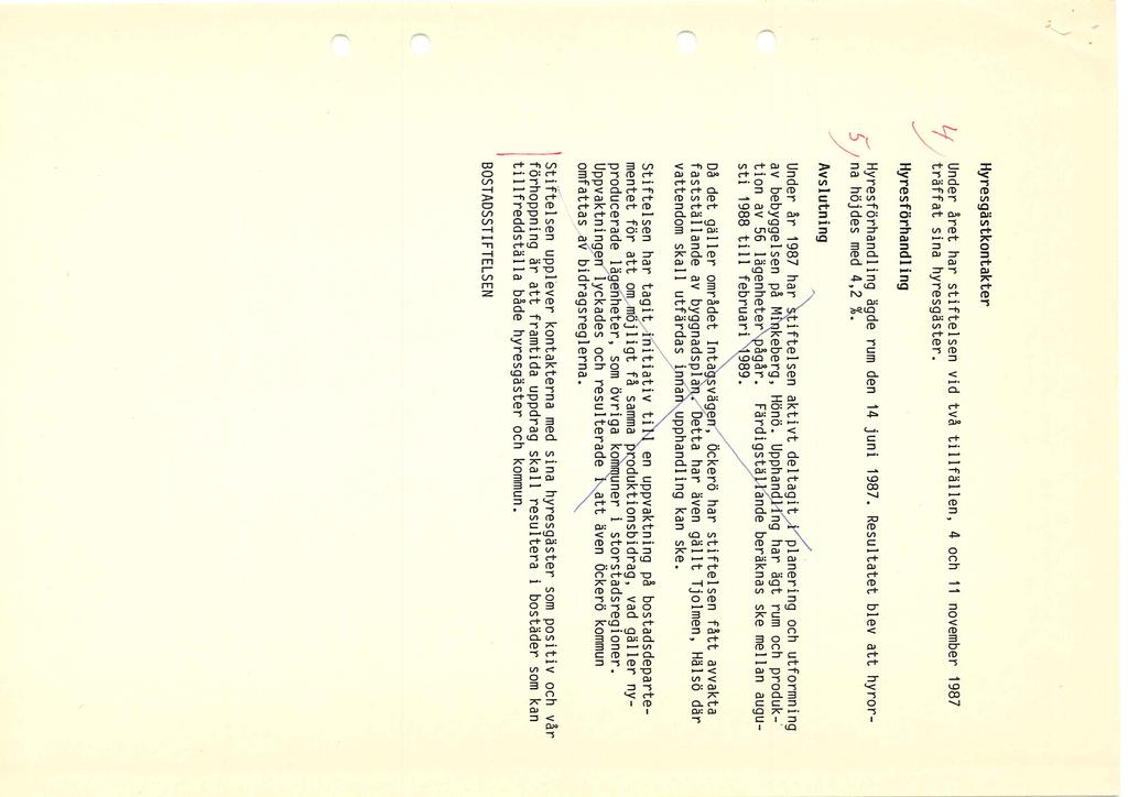 Hyresgästkontakter Under året har stiftelsen vid två tillfällen, 4 och november 987 träffat sina hyresgäster. Hyresförhandling Hyresförhandling ägde rum den 4 juni 987.