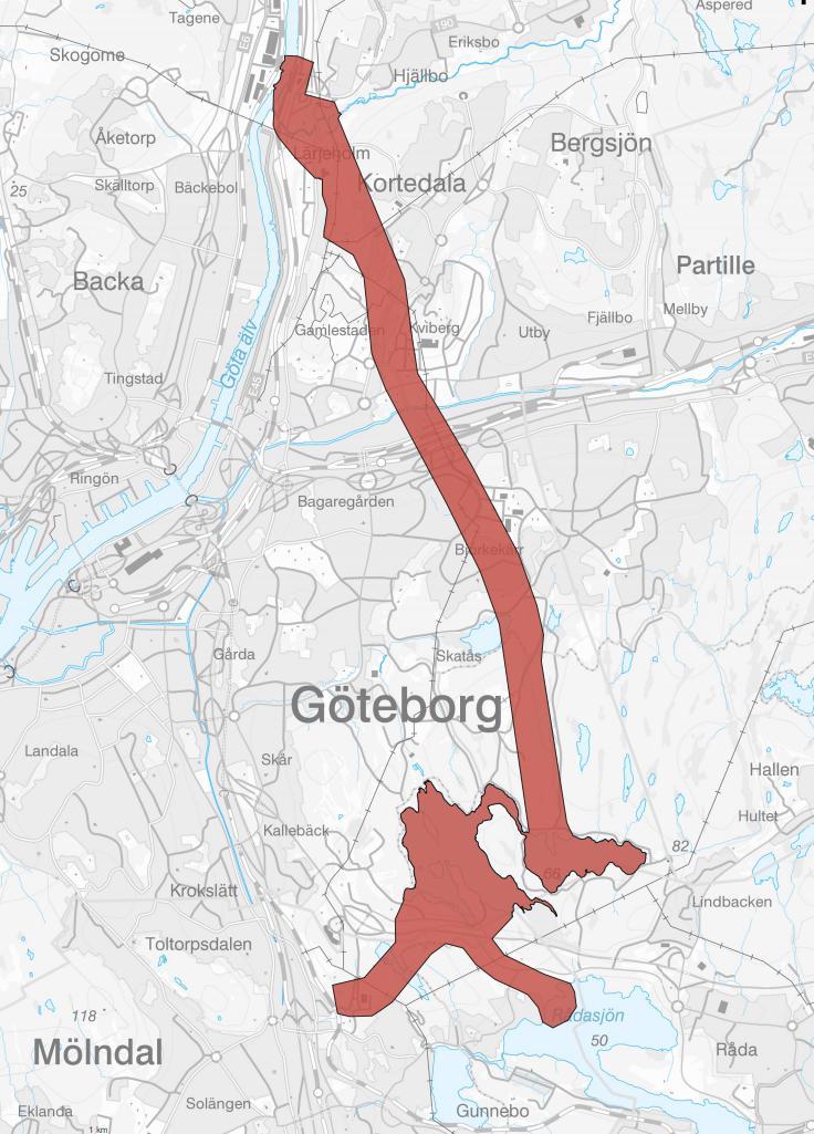 Figur 3. Karta över riksintresse för vattenförsörjning, Göteborgs stads dricksvattenanläggningar, beslutad av HaV 2016-09-16.