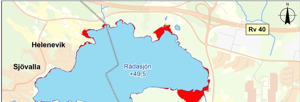 Figur 20. Områden som översvämmas vid en nivå av +50,2 m.ö.h. i Rådasjön.