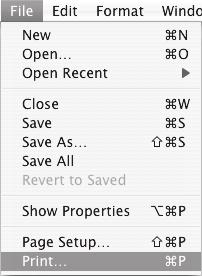 Skriva ut en fil () Begär utskrift från Textredigeraren. () Öppna [Arkiv]-menyn. (2) Välj [Skriv ut]. Välj [Skriv ut] i Mac OS 9, från menyn [Arkiv] för Skriv text.