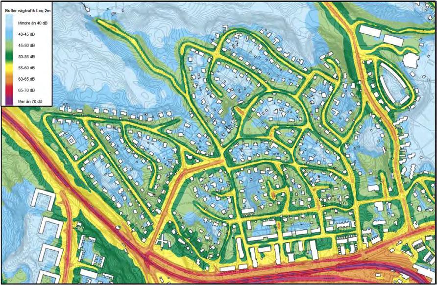 77 Planbeskrivning Igelboda 9 (28) ANTAGANDEHANDLING Ekvivalent ljudnivå, 2 meter över mark, från vägtrafik och Saltsjöbanan, dagens situation (år 2015).