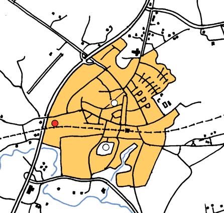Karta över Vårgårda. Hobergs Missionshus markerat med rött. Besök: 2003 05 16, foto, uppmätning. Uppgiftslämnare: Tore Bjerhem, Vårgårda.