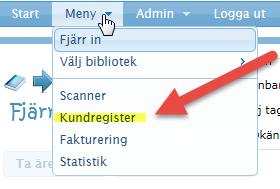 Under fliken Meny kan man se Kundregistret på