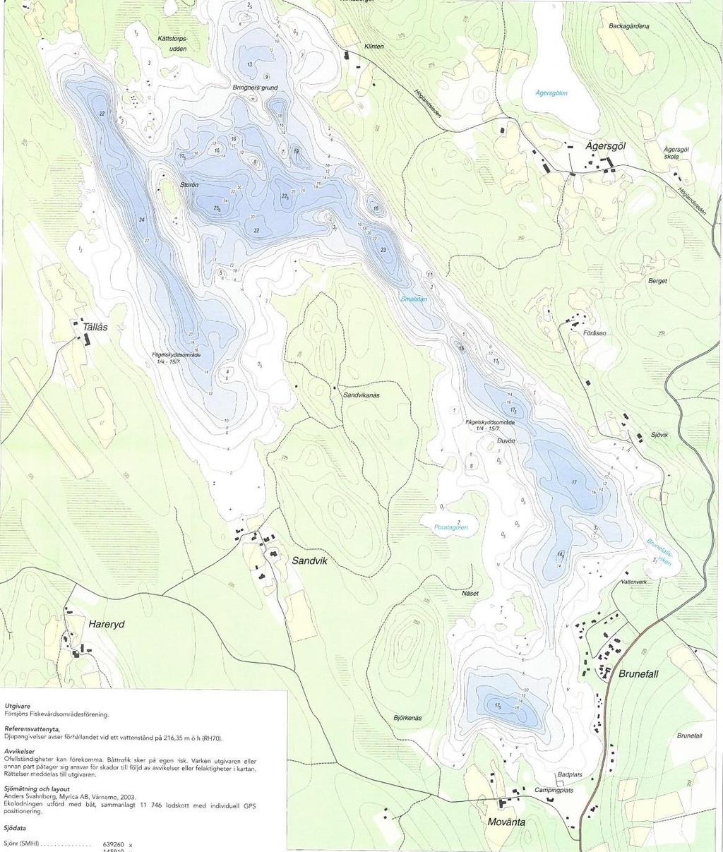 Figur 6 Djupkarta över Försjön (karta från Försjöns fiskevårdsområdesförening) 3.5. Miljöpåverkan Ett nyttjande av Försjön som råvattentäkt får som konsekvens att sjöns lågvattennivå höjs med 20 cm.