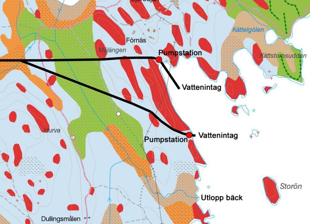 Vattenintaget föreslås ske med en bottenförankrad intagsanordning, där intaget sker ett par meter ovanför botten för att undvika intag av bottensediment.